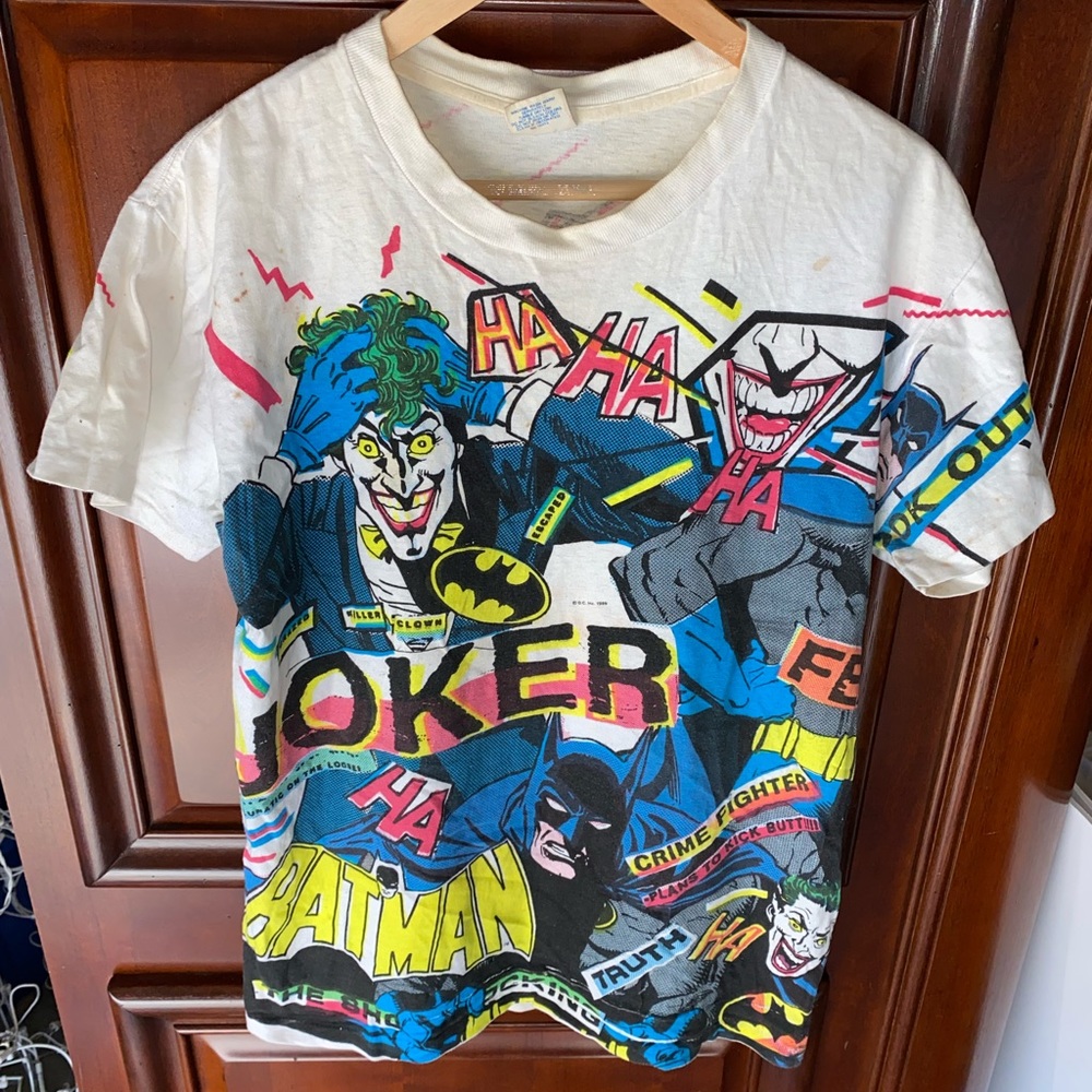 Rare Vintage 1989 DC Comics Batman and Joker All Over Print Comic Book Style Tee